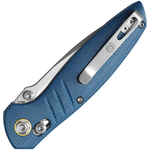 Vosteed Corsair – 3.25″ Stonewash Nitro-V Blade,Blue Micarta Handle, Crossbar Lock – CS29NWMK