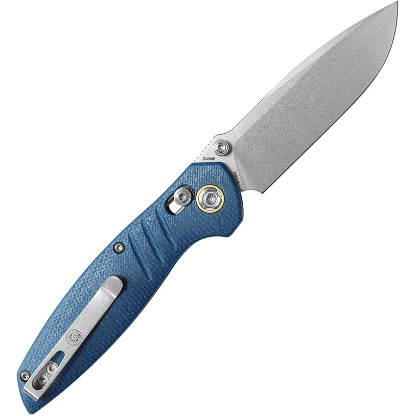 Vosteed Corsair – 3.25″ Stonewash Nitro-V Blade,Blue Micarta Handle, Crossbar Lock – CS29NWMK